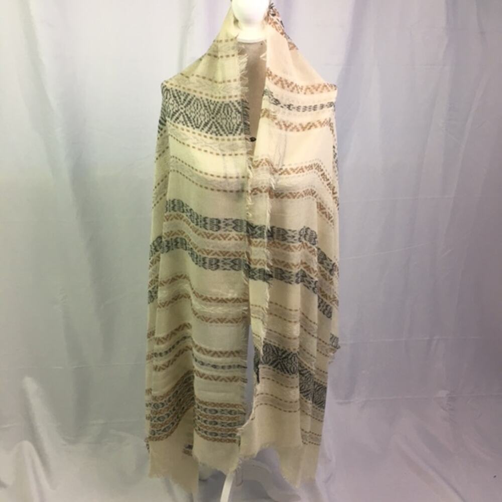 Stripe pattern Scarf Cream Black Tan with Fringe
